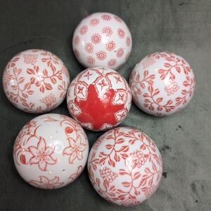 6 Vintage Red and White Decorative Chinoiserie Orbs Heavy Carpet Balls Porcelain